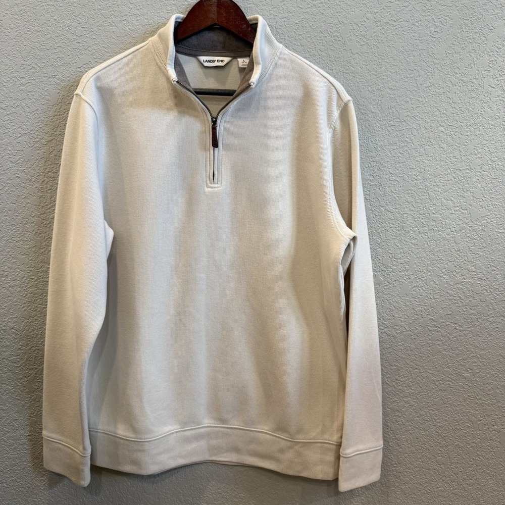 Lands End Bedford Rib Quarter Zip Pullover Sweater Ivory Latte Men's L